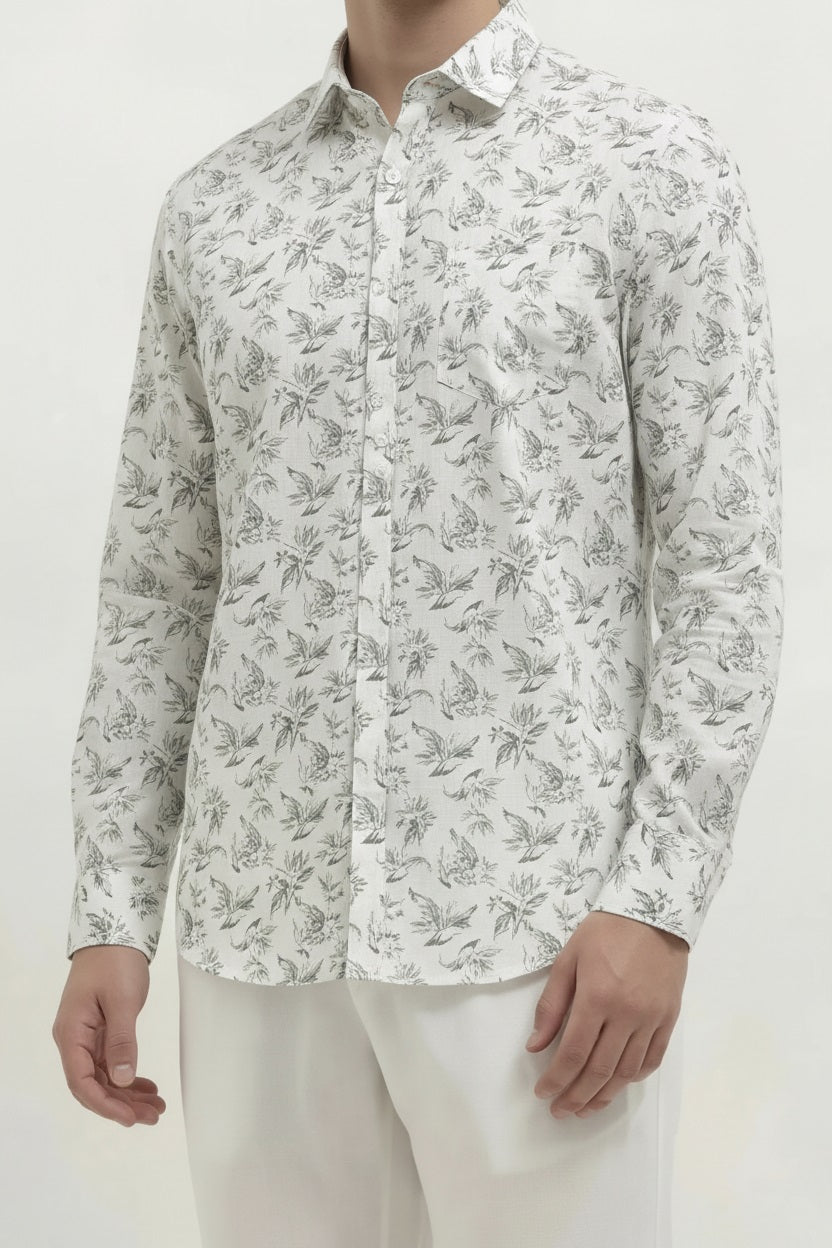 Men Light Olive Floral Printed Casual Shirt