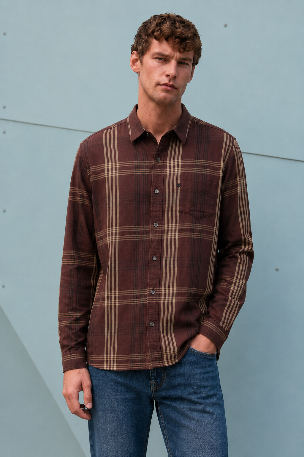 Men's Regular Fit Espresso Checked Cotton Tencel Full Sleeve Casual Shirt - M-238W26-ESPRESSO
