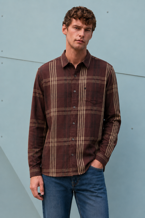 Men's Regular Fit Espresso Checked Cotton Tencel Full Sleeve Casual Shirt - M-238W26-ESPRESSO