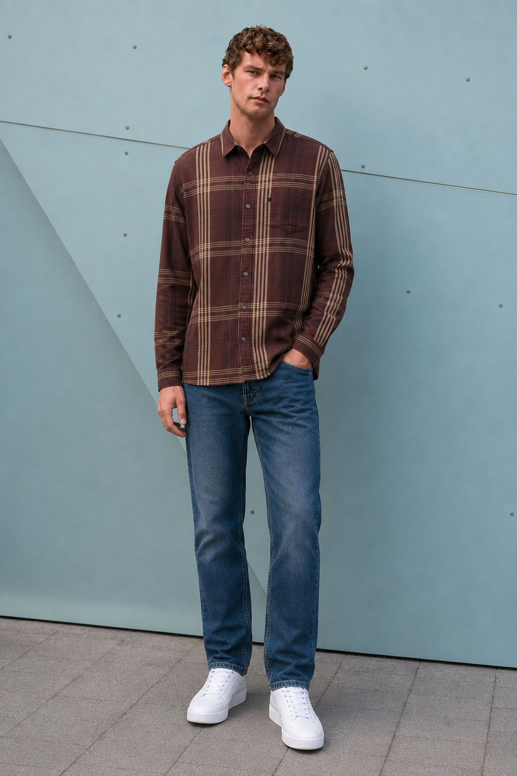 Men's Regular Fit Espresso Checked Cotton Tencel Full Sleeve Casual Shirt - M-238W26-ESPRESSO