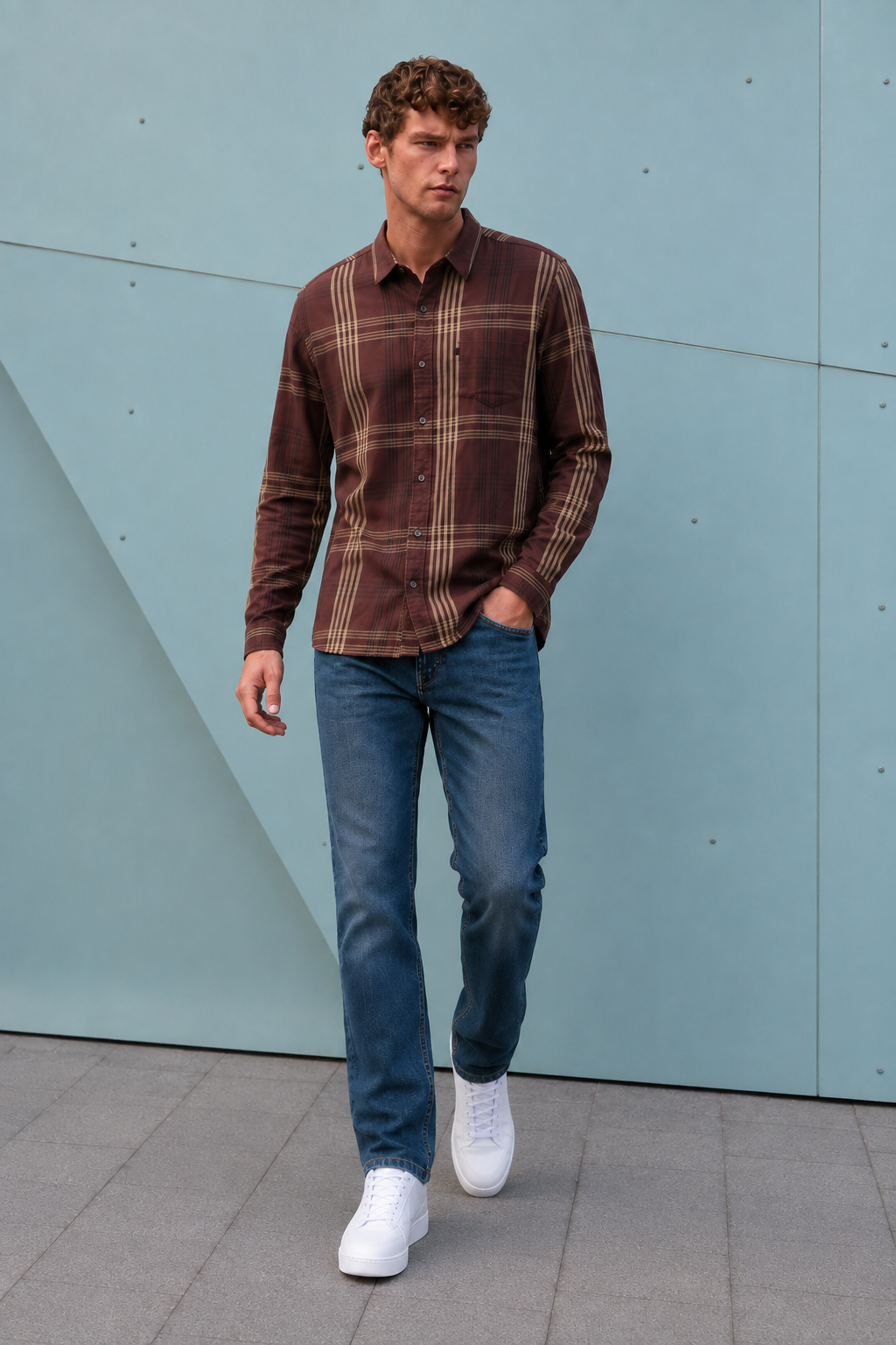 Men's Regular Fit Espresso Checked Cotton Tencel Full Sleeve Casual Shirt - M-238W26-ESPRESSO