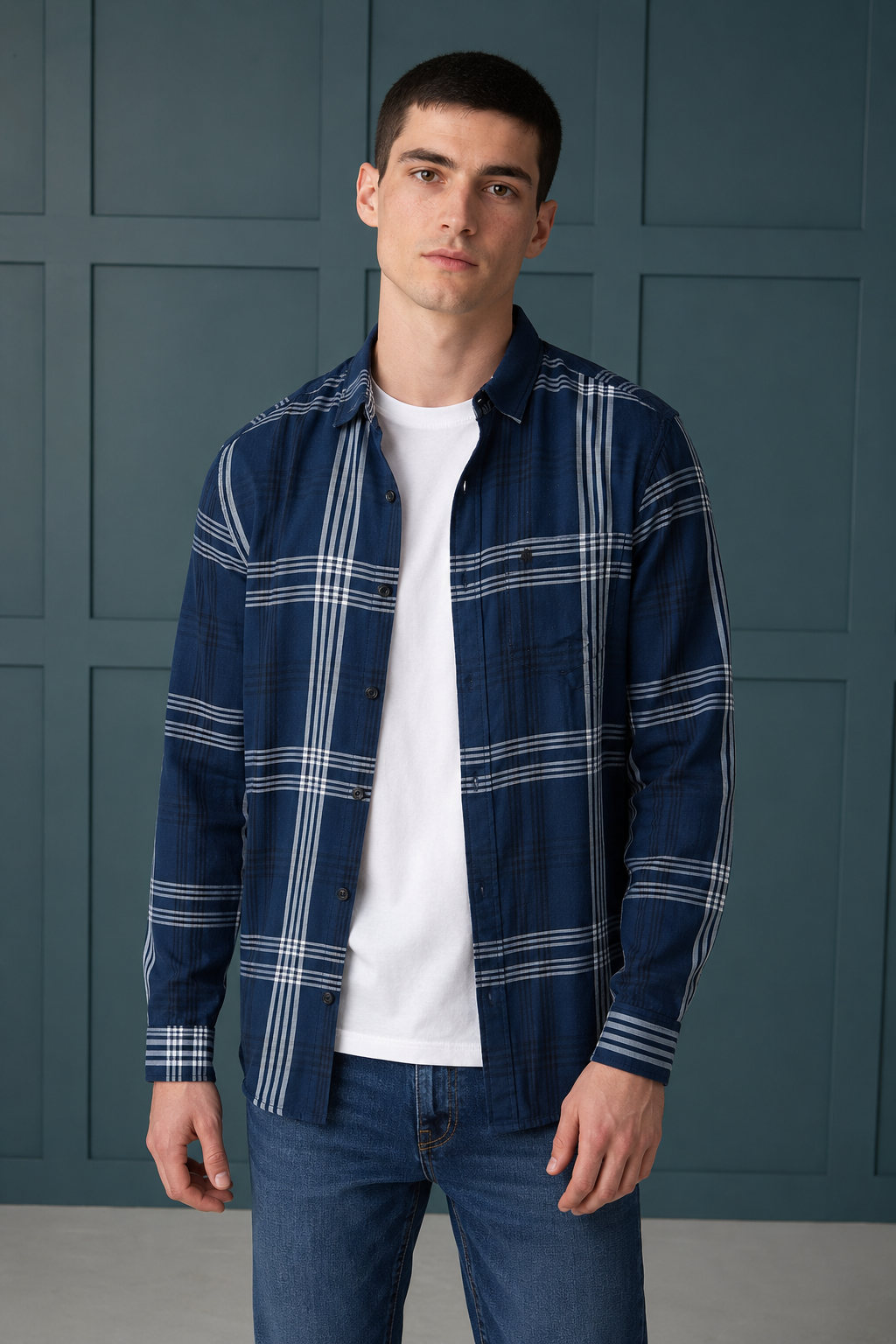 Men’s Navy Cotton Tencel Checked Full Sleeve Shirt | Regular Fit