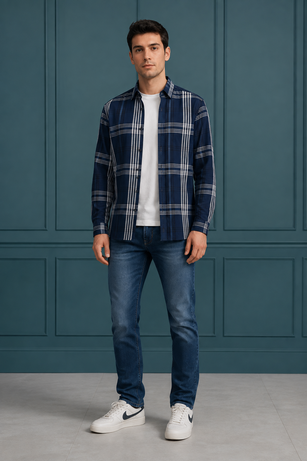 Men’s Navy Cotton Tencel Checked Full Sleeve Shirt | Regular Fit