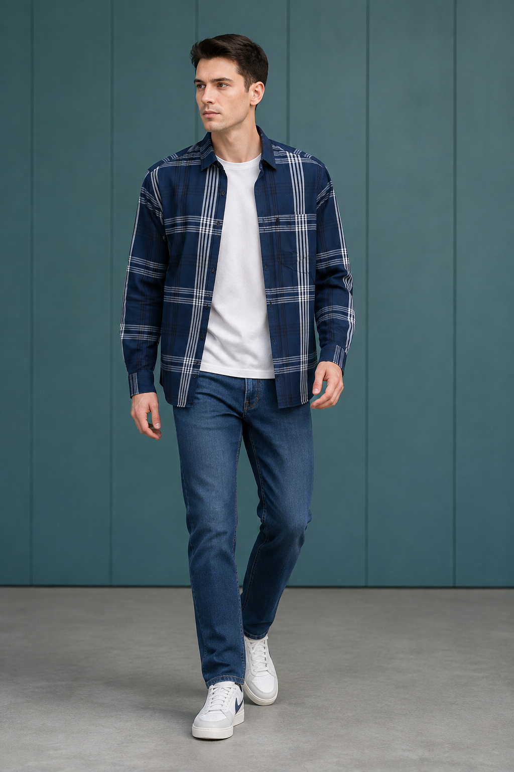 Men’s Navy Cotton Tencel Checked Full Sleeve Shirt | Regular Fit