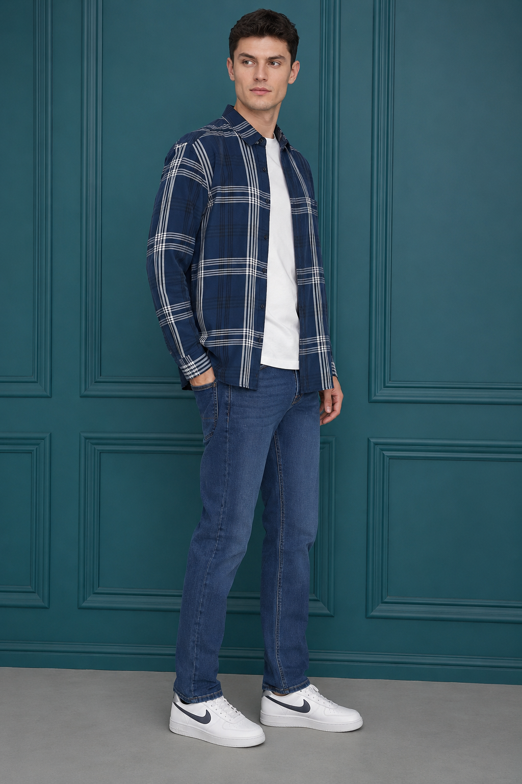 Men’s Navy Cotton Tencel Checked Full Sleeve Shirt | Regular Fit