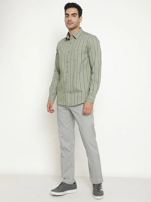 Mettle Men Olive Green Opaque Striped Casual Shirt