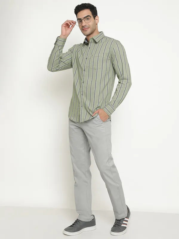 Mettle Men Olive Green Opaque Striped Casual Shirt