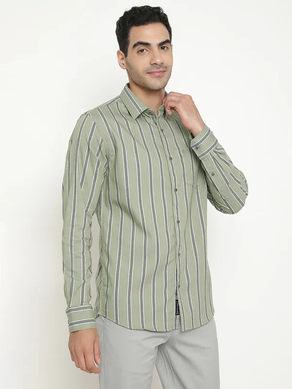 Mettle Men Olive Green Opaque Striped Casual Shirt