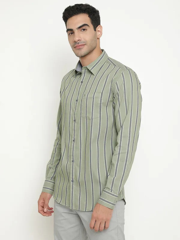 Mettle Men Olive Green Opaque Striped Casual Shirt