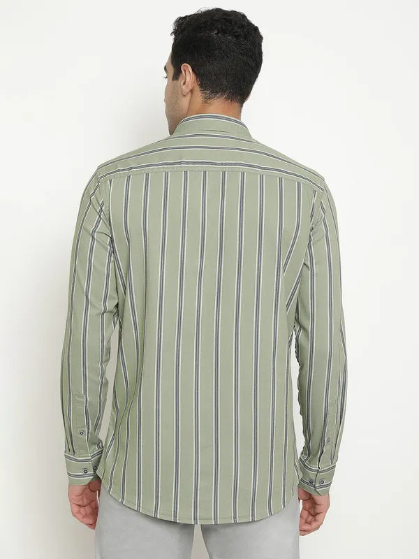 Mettle Men Olive Green Opaque Striped Casual Shirt