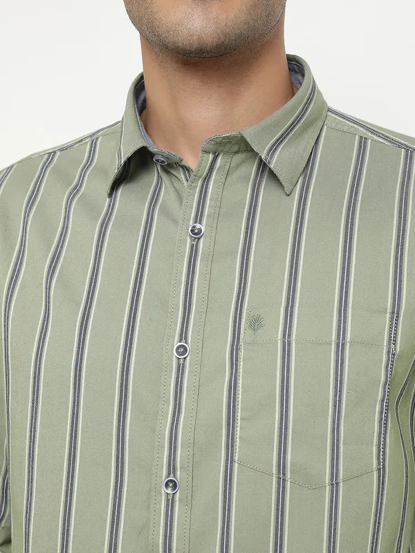 Mettle Men Olive Green Opaque Striped Casual Shirt