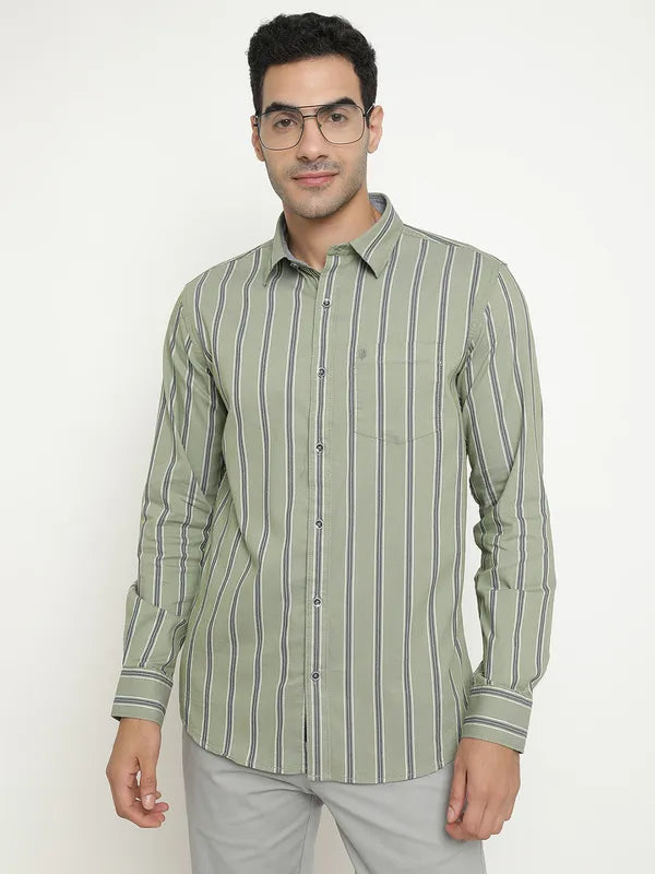 Mettle Men Olive Green Opaque Striped Casual Shirt