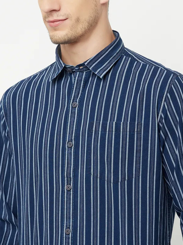 Mettle Men Blue Striped Casual Shirt