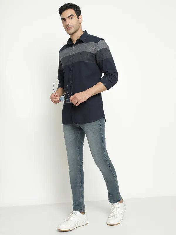 Mettle Men Navy Blue Horizontal Stripes Opaque Striped Casual Shirt