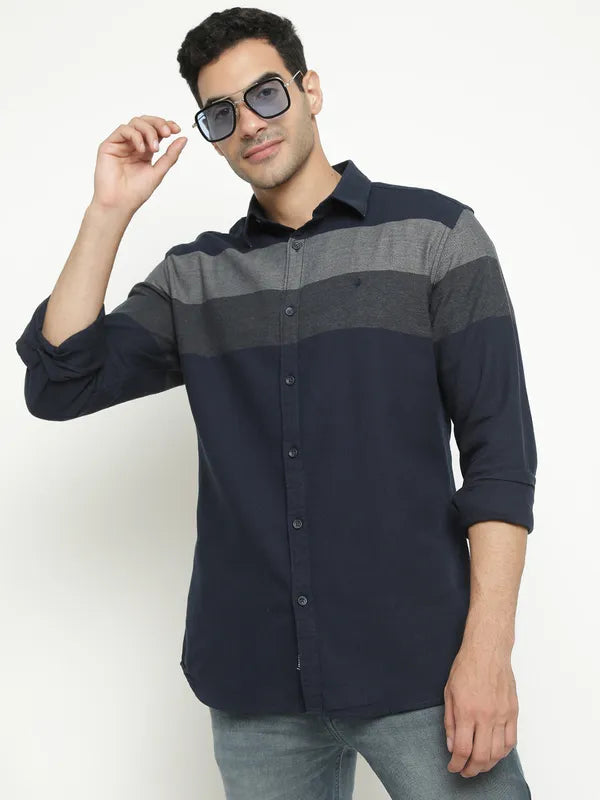 Mettle Men Navy Blue Horizontal Stripes Opaque Striped Casual Shirt