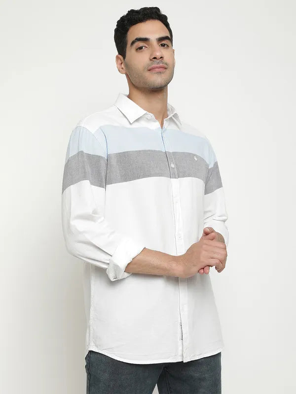 Mettle Men White Horizontal Stripes Opaque Striped Casual Shirt