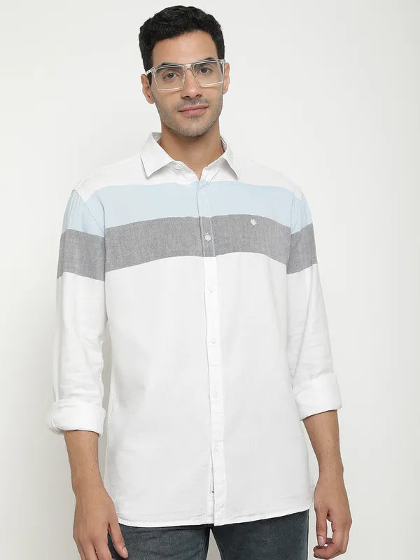 Mettle Men White Horizontal Stripes Opaque Striped Casual Shirt