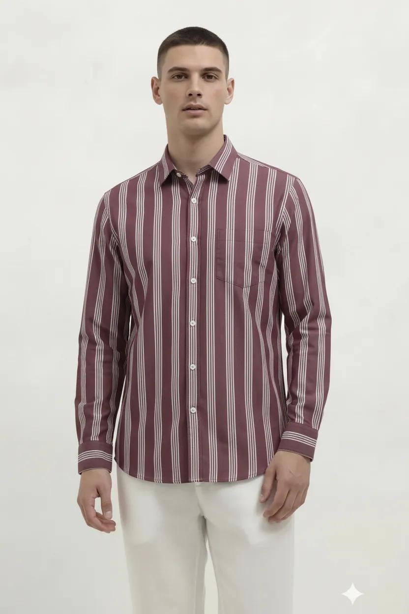 Men Wine Striped Casual Shirt