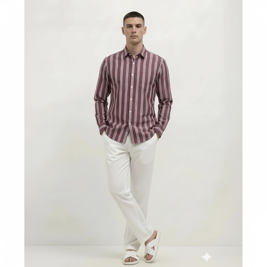 Men Wine Striped Casual Shirt