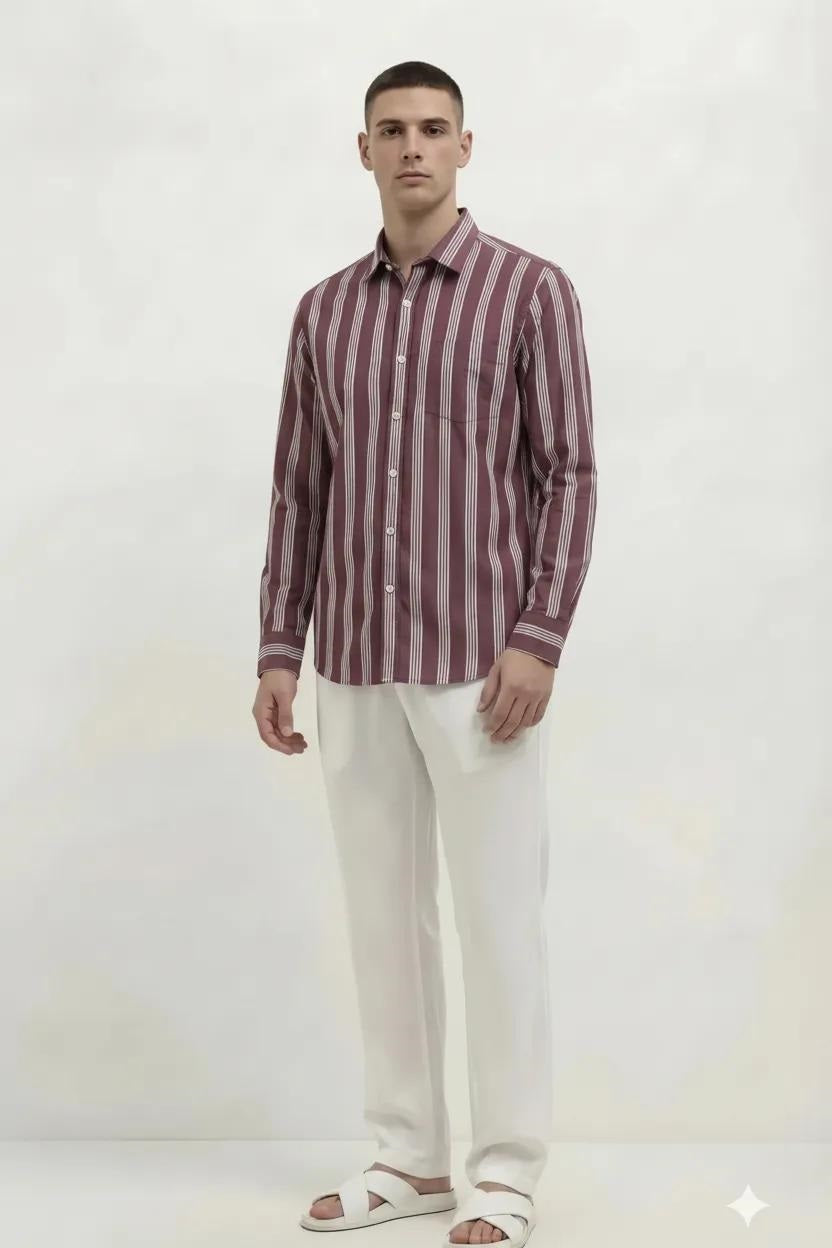 Men Wine Striped Casual Shirt