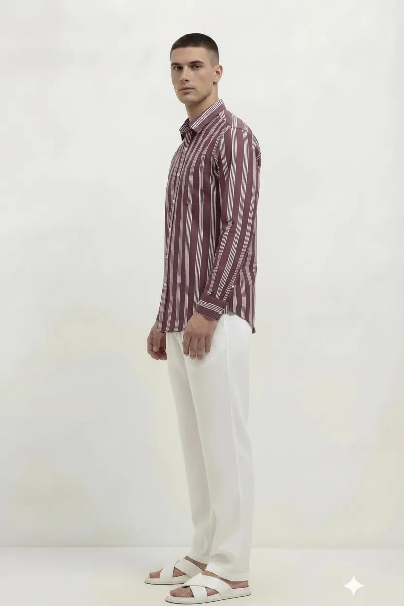 Men Wine Striped Casual Shirt