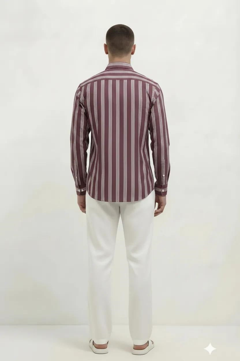 Men Wine Striped Casual Shirt