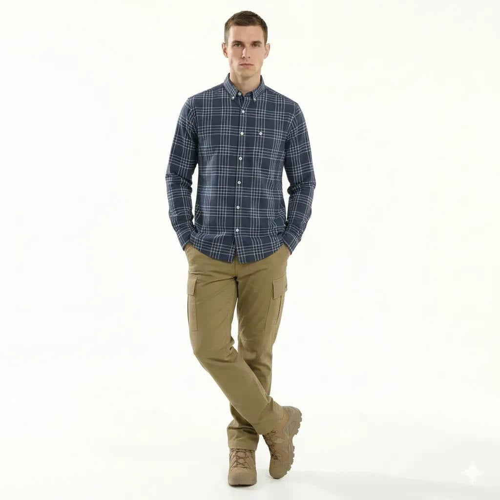 Men Navy Checked Polo Neck Shirt