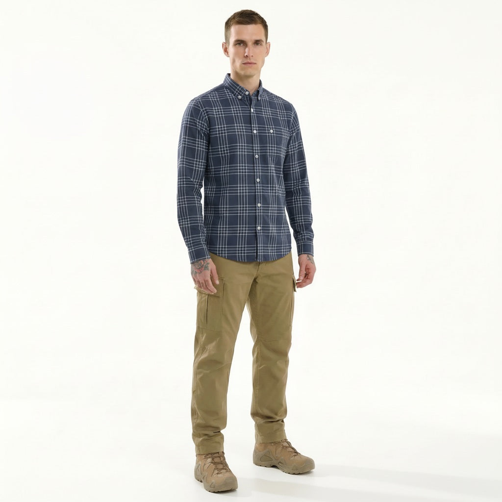 Men Navy Checked Polo Neck Shirt