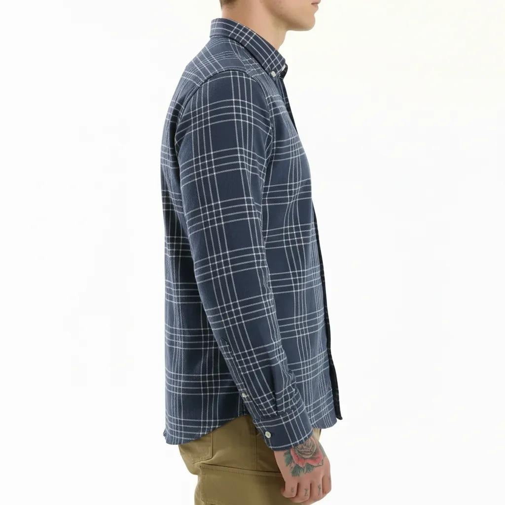Men Navy Checked Polo Neck Shirt