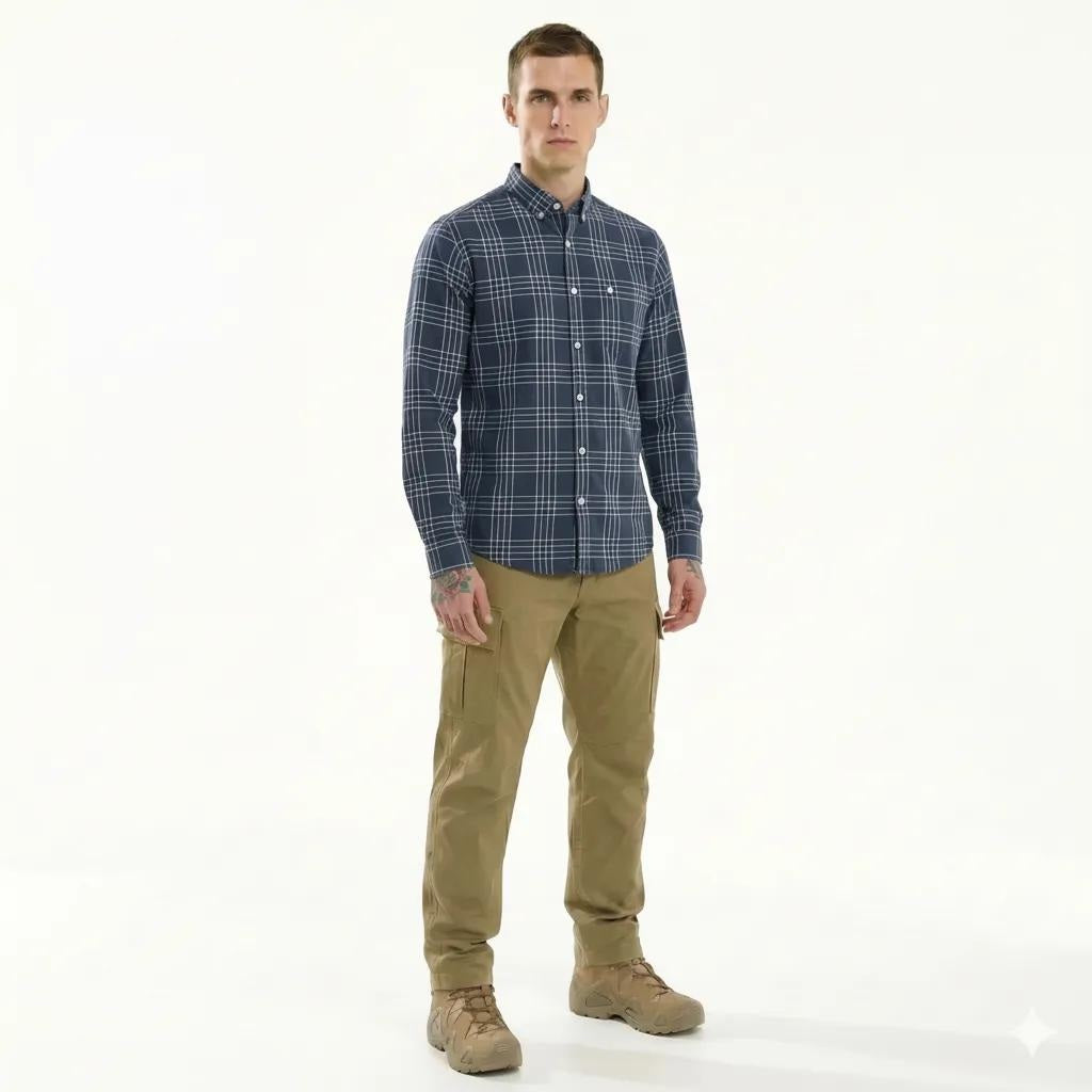Men Navy Checked Polo Neck Shirt