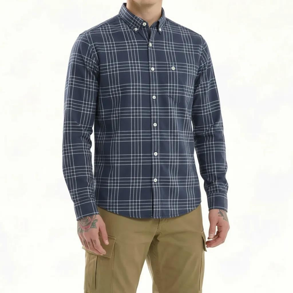 Men Navy Checked Polo Neck Shirt