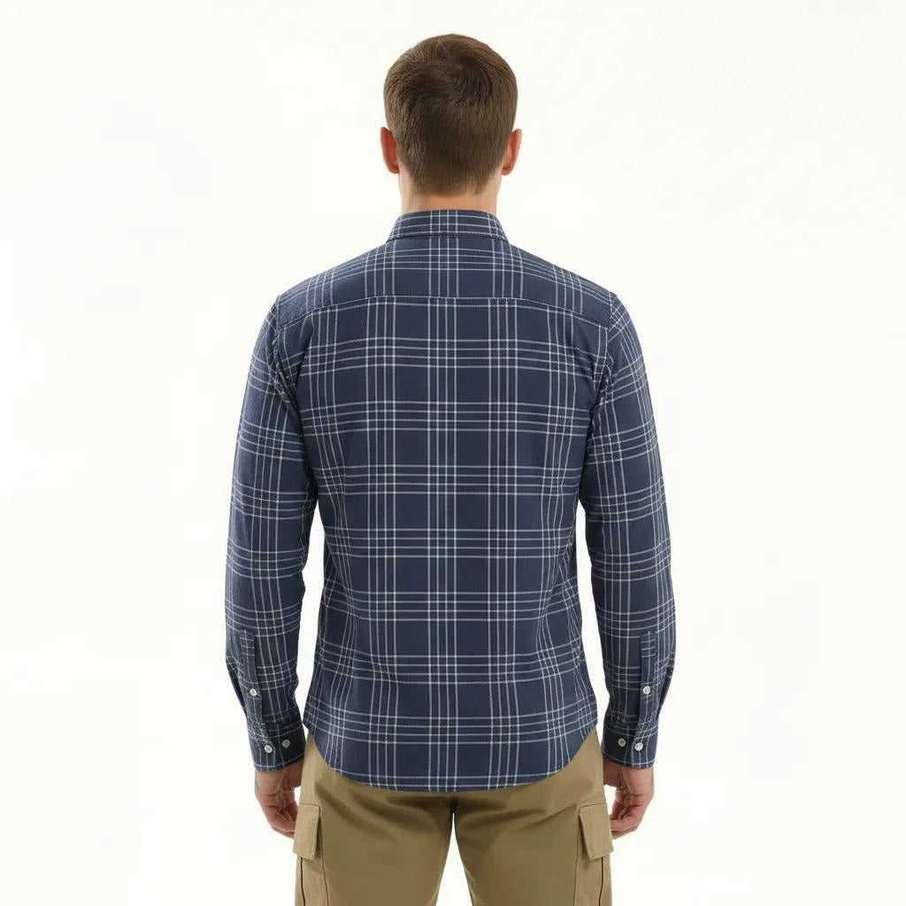 Men Navy Checked Polo Neck Shirt