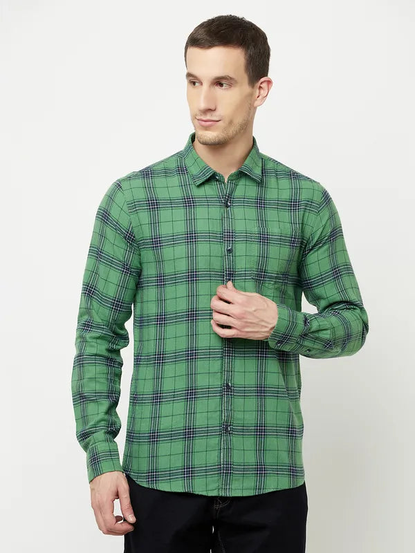 Mettle Men Olive Green Tartan Checks Checked Casual Shirt