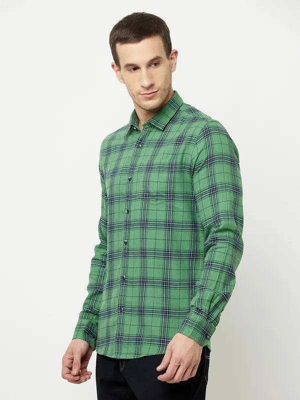 Mettle Men Olive Green Tartan Checks Checked Casual Shirt