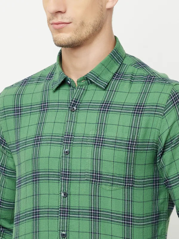 Mettle Men Olive Green Tartan Checks Checked Casual Shirt