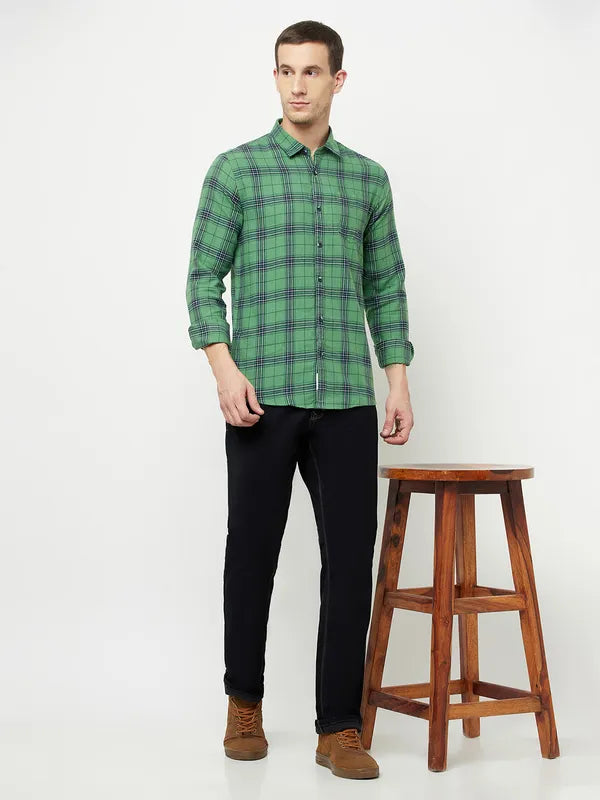 Mettle Men Olive Green Tartan Checks Checked Casual Shirt