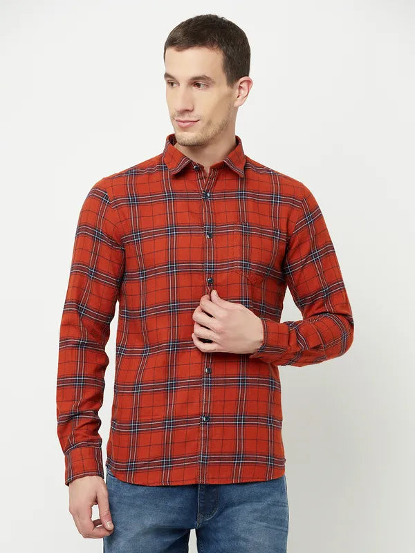 Mettle Men Orange Tartan Checks Checked Casual Shirt