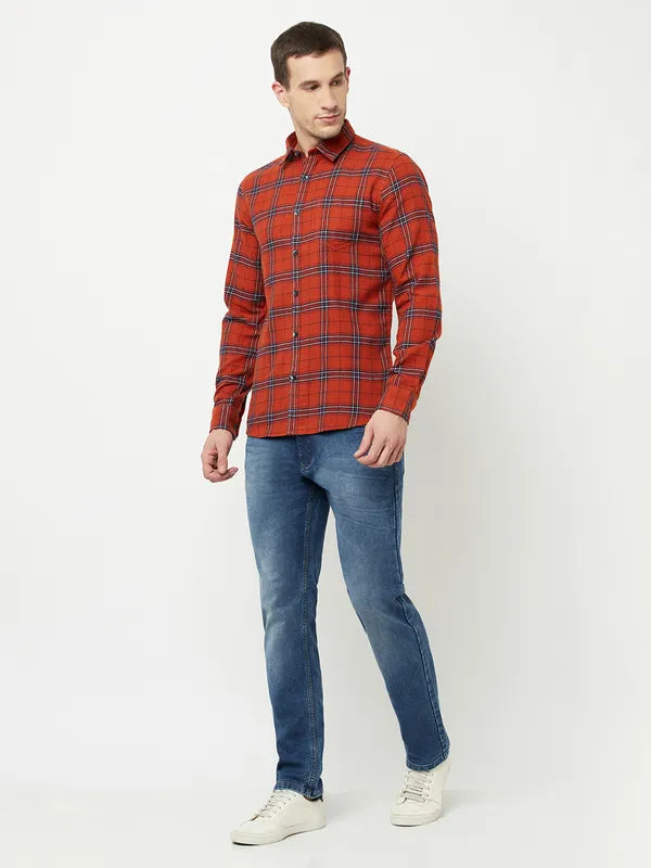 Mettle Men Orange Tartan Checks Checked Casual Shirt