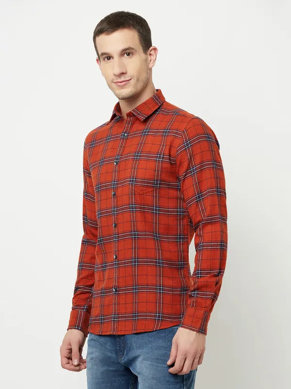 Mettle Men Orange Tartan Checks Checked Casual Shirt