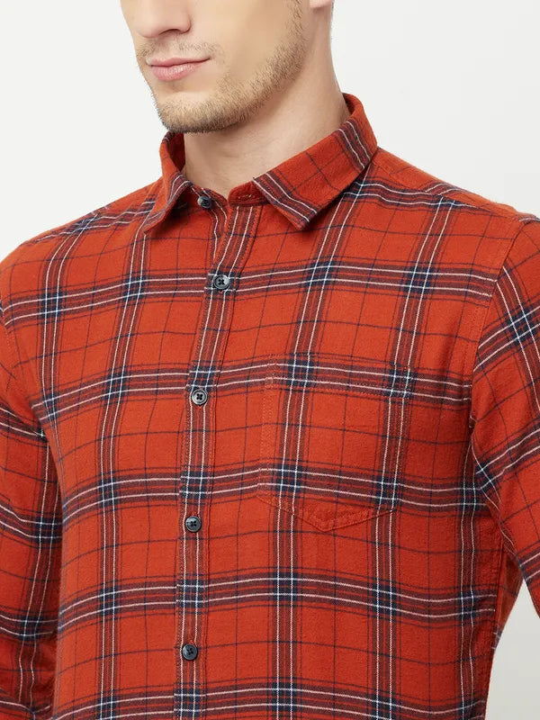 Mettle Men Orange Tartan Checks Checked Casual Shirt