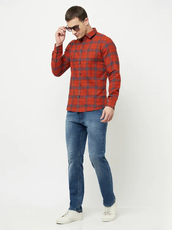 Mettle Men Orange Tartan Checks Checked Casual Shirt