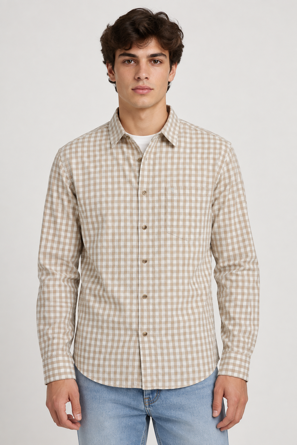 Men’s Regular Fit Corduroy Check Shirt – Beige Full Sleeve Casual Shirt