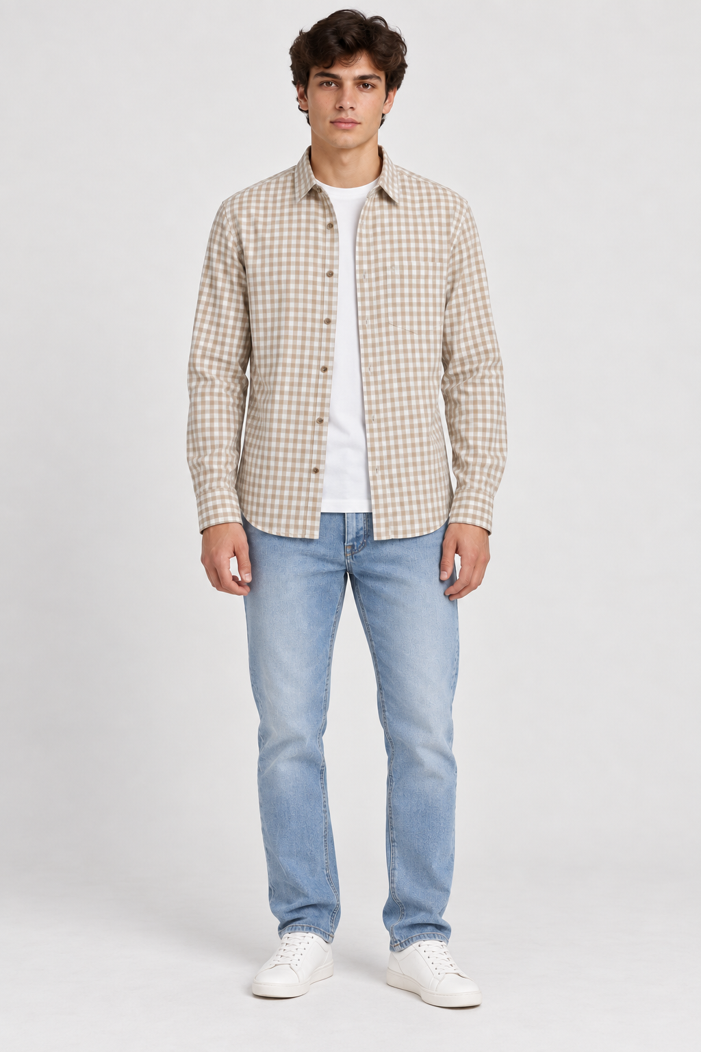 Men’s Regular Fit Corduroy Check Shirt – Beige Full Sleeve Casual Shirt