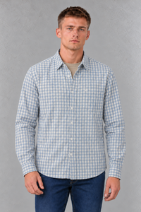 Men's Regular Fit Corduroy Checkered Full Sleeve Shirt with Spread Collar and Chest Pocket – Sky Blue