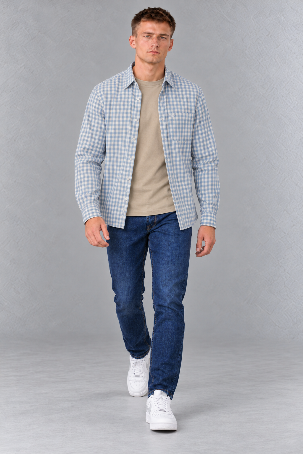 Men's Regular Fit Corduroy Checkered Full Sleeve Shirt with Spread Collar and Chest Pocket – Sky Blue
