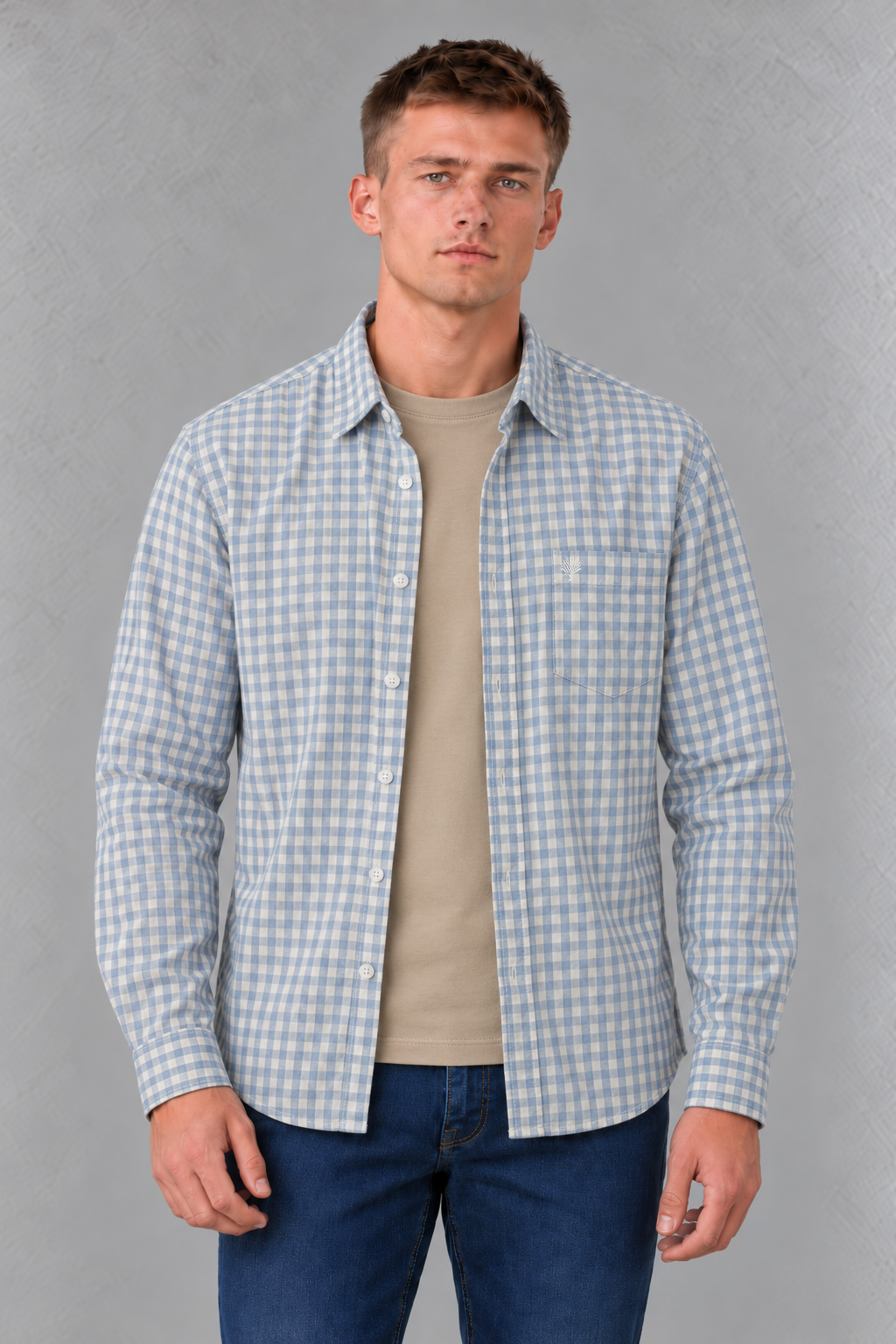 Men's Regular Fit Corduroy Checkered Full Sleeve Shirt with Spread Collar and Chest Pocket – Sky Blue