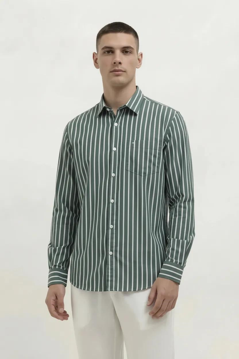 Men Forest Green Striped Casual Shirt