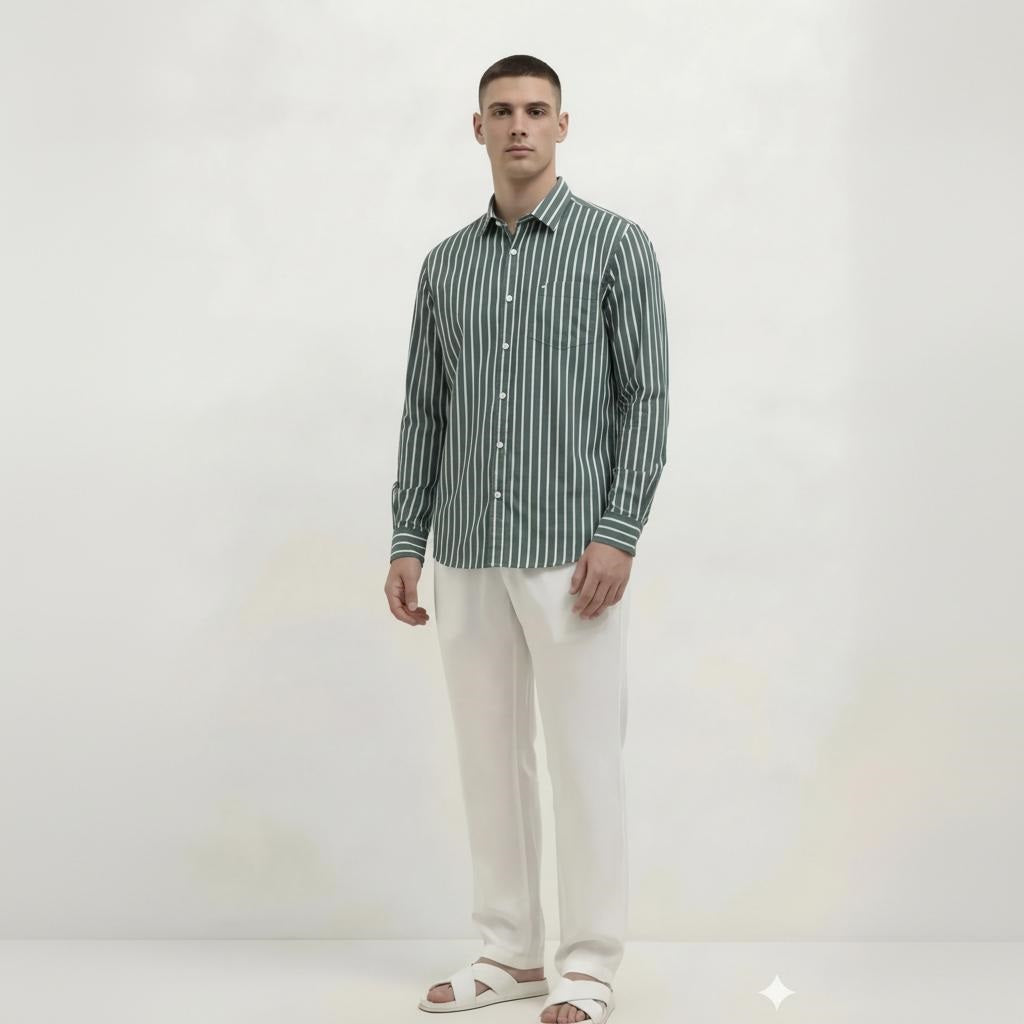 Men Forest Green Striped Casual Shirt