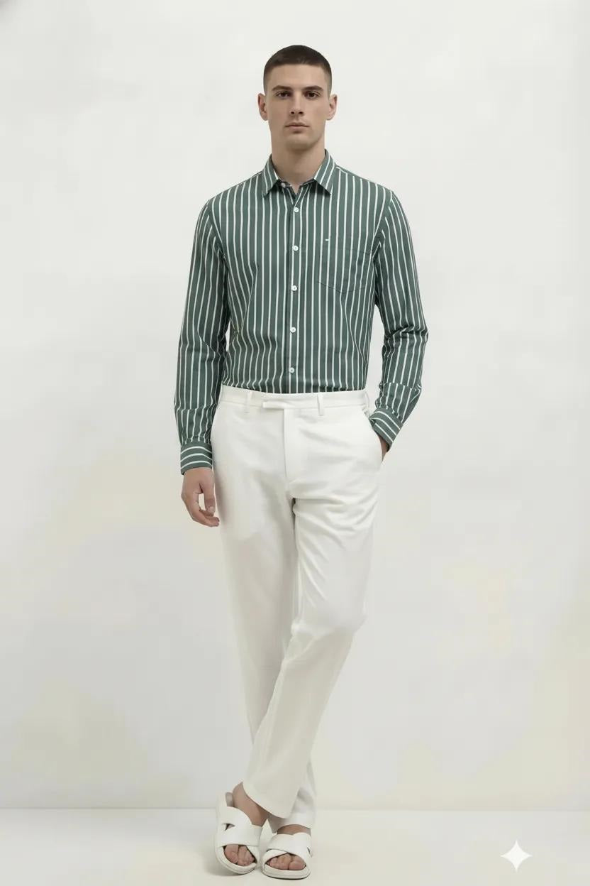 Men Forest Green Striped Casual Shirt