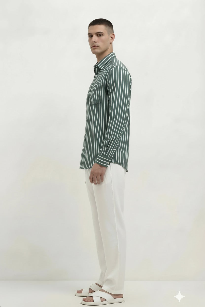 Men Forest Green Striped Casual Shirt